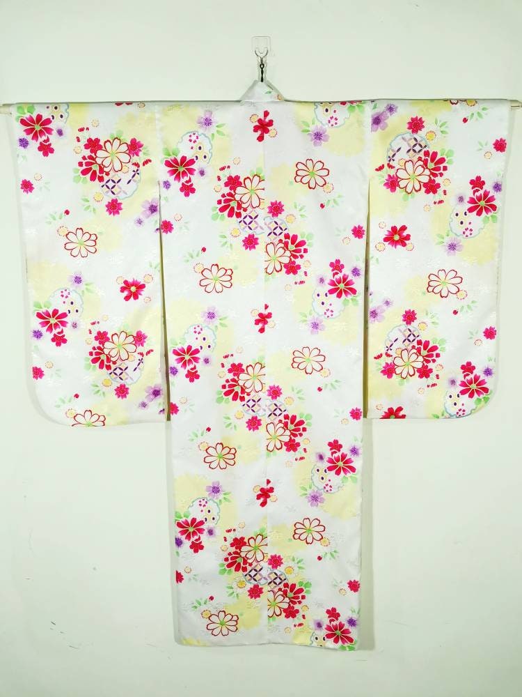 Japanese Kimono Robe White Yellow Floral Youth Kimono Dress - Etsy