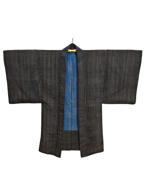 Japanese Dark Grey Abstract Kimono Men's Jacket Haori Floral