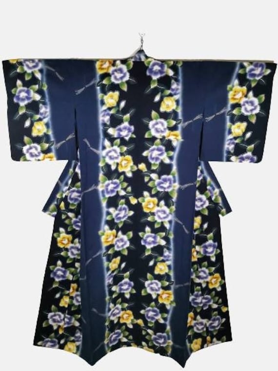 Japanese Kimono Robe Blue Floral Cotton Kimono Dr… - image 1