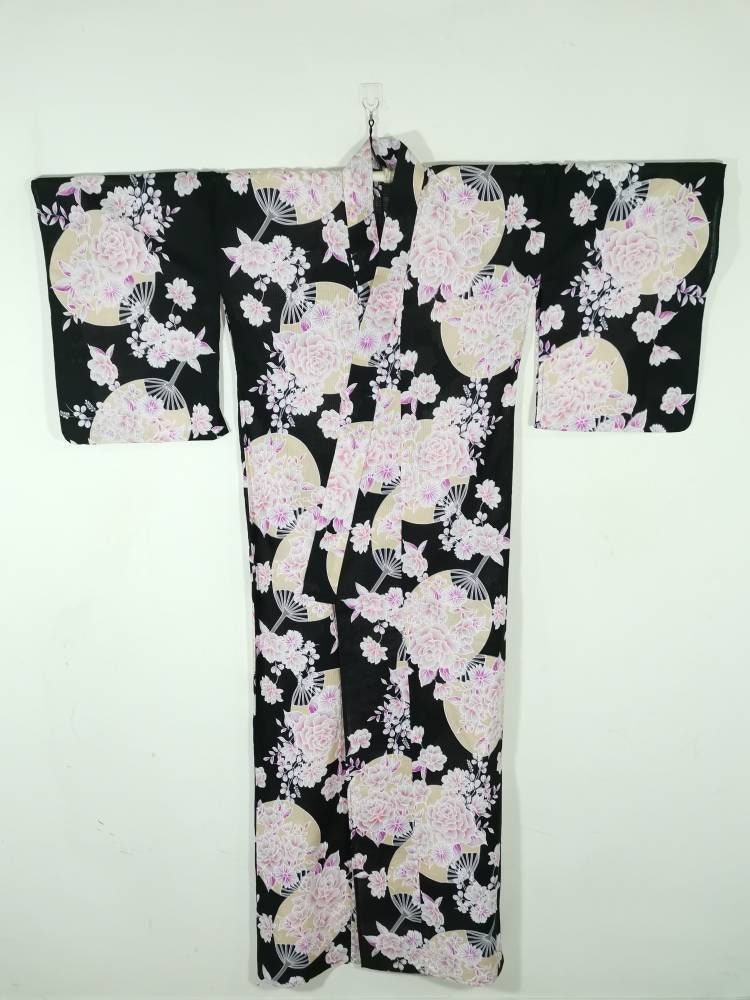 Japanese Kimono Robe Black Floral Cotton Kimono Dress Floral Kimono