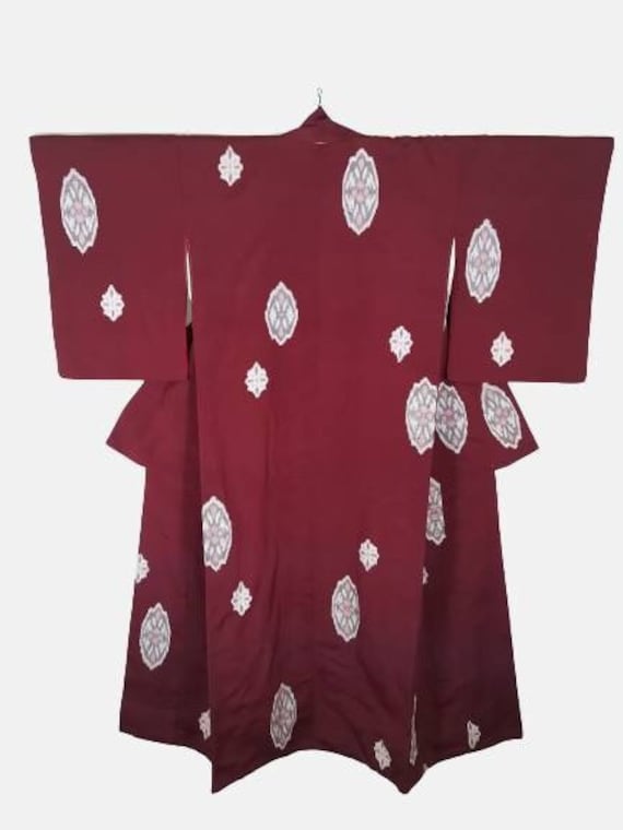 Japanese Silk Kimono Robe Red Abstract Print OS