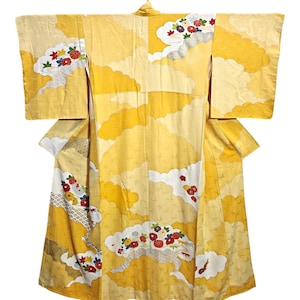 Japanese Kimono Robe Yellow Floral Silk Kimono Dress | Floral Kimono | Kimono Cardigan | Long Kimono Robe | Yukata kimono - N29