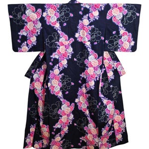 Japanese Kimono Robe Blue Floral Cotton Kimono Dress | Floral Kimono | Kimono Cardigan| Long Kimono Robe | Yukata - N55