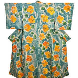 Japanese Kimono Robe Blue Floral Silk Kimono Dress | Floral Kimono | Kimono Cardigan | Long Kimono Robe | Yukata kimono - N35