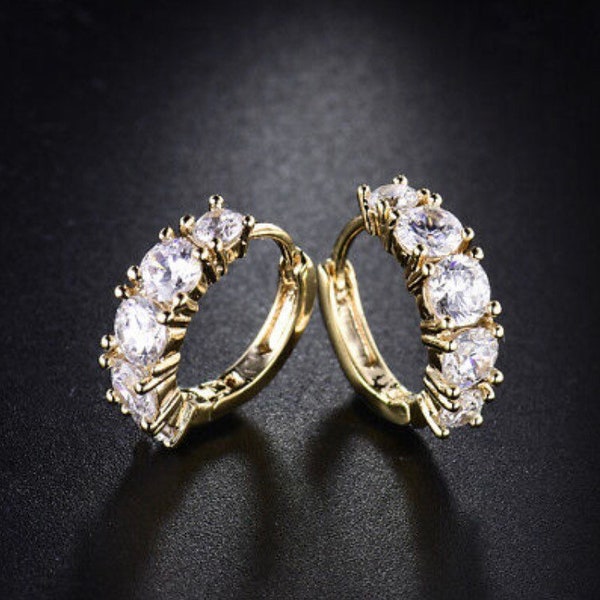 Yellow gold filled silver cubic zirconia CZ crystal hoop earrings huggies dangle cluster jewel