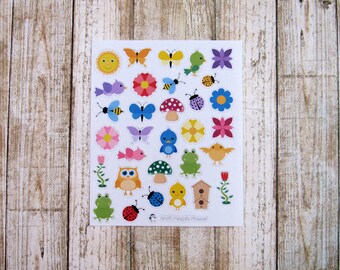 Spring deco stickers, Kawaii Spring stickers, bird stickers, flower stickers, frog stickers, butterfly stickers