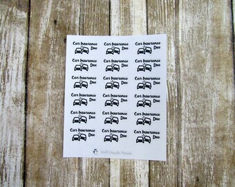 May include: A sheet of white sticker paper with 18 black and white car insurance due stickers. Each sticker features a black silhouette of two cars colliding with the text "Car Insurance Due" printed below.