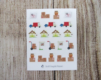 May include: A sheet of stickers featuring a moving theme. The stickers include houses, moving trucks, boxes, and a dolly. The stickers are white with colorful illustrations. The text on the stickers reads "12 moving days" and "For Sale".