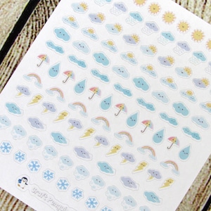 TINY Weather mix stickers, Sun, rain, snow, cloudy weather stickers, rainbow sticker, weather tracker sticker, functional planner sticker