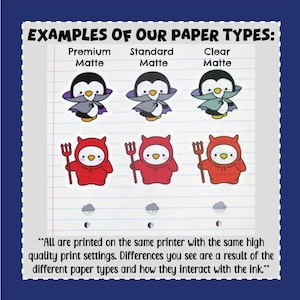 May include: Examples of paper types for printing stickers. Three penguin stickers are shown, one each on premium matte, standard matte, and clear matte paper. Three red devil stickers are also shown, one each on premium matte, standard matte, and clear matte paper. The text "All are printed on the same printer with the same high quality print settings. Differences you see are a result of the different paper types and how they interact with the ink." is at the bottom of the image.