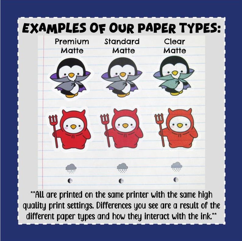 May include: Examples of paper types for printing stickers. Three penguin stickers are shown, one each on premium matte, standard matte, and clear matte paper. Three red devil stickers are also shown, one each on premium matte, standard matte, and clear matte paper. The text "All are printed on the same printer with the same high quality print settings. Differences you see are a result of the different paper types and how they interact with the ink." is at the bottom of the image.