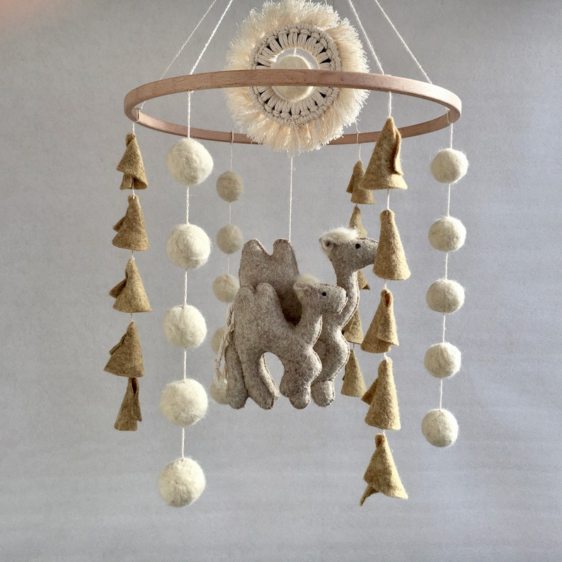 Baby felt mobile safari Boho neutral baby crib mobile African animals in desert Camels for nursery decor Hanging gender neutral mobile image 3