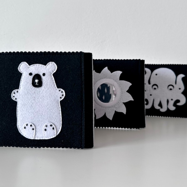 Baby felt Black and White high contrast book Cards for visual stimulation in newborn Baby shower gift Gender neutral book newborn gift ideas