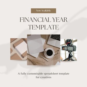 Può includere: Una pubblicità per un modello di anno finanziario. L'immagine presenta un laptop, una tazza di caffè e cancelleria. Il testo recita "Now Available FINANCIAL YEAR TEMPLATE" e "A fully customisable spreadsheet template for creatives".