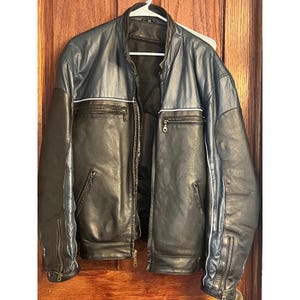 Harley Davidson Leather Motorcycle Jacket Mens 44 Blue Black Wolf Patch Biker