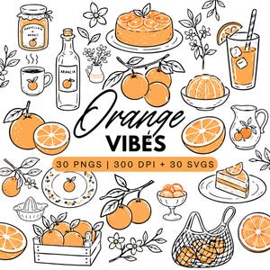 Puede incluir: Ilustración con naranjas, rodajas de naranja, un pastel, zumo y mermelada. Las palabras "Orange Vibes" están escritas en una fuente de escritura. La imagen también incluye el texto "30 PNGS | 300 DPI + 30 SVGS".
