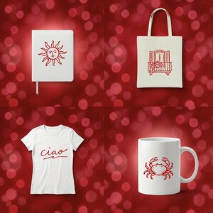 May include: A collection of white items with red illustrations on a red background. Includes a notebook with a sun design, a tote bag with a balcony, a t-shirt with the word "ciao", and a mug with a crab.