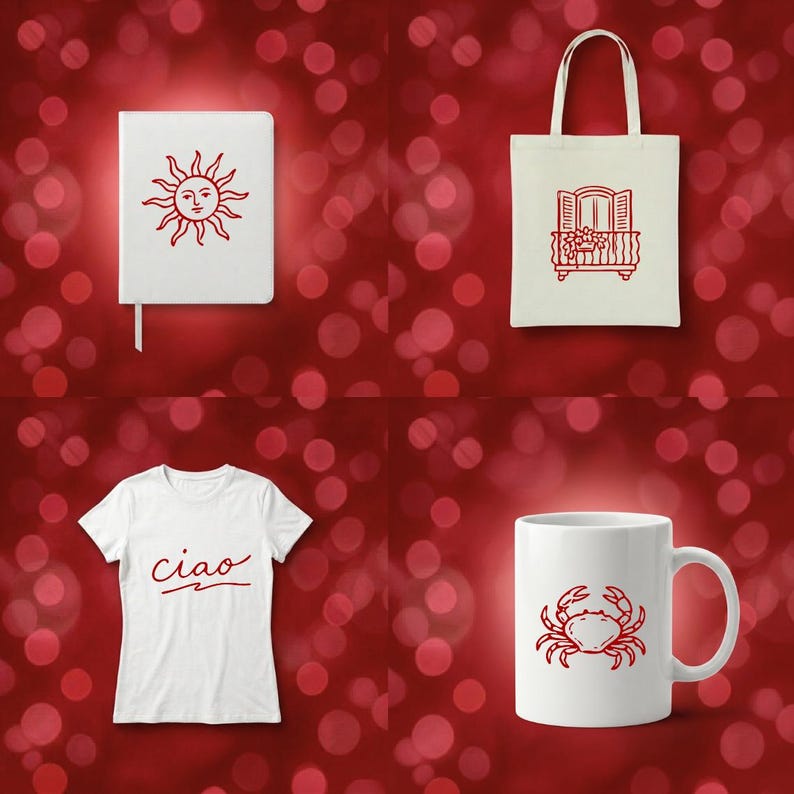 May include: A collection of white items with red illustrations on a red background. Includes a notebook with a sun design, a tote bag with a balcony, a t-shirt with the word "ciao", and a mug with a crab.