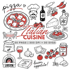 Könnte beinhalten: Schwarz-Weiß-Illustration mit Elementen der italienischen Küche. Das Bild zeigt eine Pizza, einen Koch, eine Weinflasche, Tomaten, Pasta und eine Pizzaschachtel. Die Worte "Italian Cuisine" sind in roter Schrift geschrieben. Der Satz "buon appetito!" ist ebenfalls vorhanden.