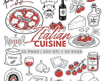 Italian Cuisine Clipart Bundle – Pizza, Pasta, Wine Doodle Graphics (30 PNG, 30 SVG)