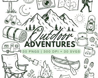Outdoor Adventures Line Art Clipart Bundle – Camping Doodles 30 PNGs + 30 SVGs