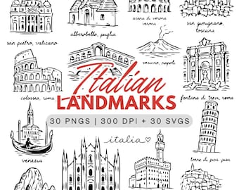 Italian Landmarks Clipart Bundle – Italy Doodle 30 PNGs & 30 SVGs
