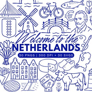 Pode incluir: Um gráfico de linhas azuis com ícones holandeses, incluindo um moinho, bicicleta, ponte, buquê de tulipas, queijo, tamancos, uma vaca e um retrato. O texto diz Welcome to the NETHERLANDS 30 PNGS 300 DPI + 30 SVGS.