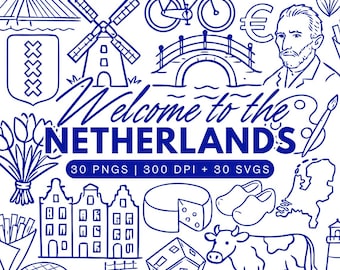 Bienvenido al paquete de imágenes prediseñadas de los Países Bajos: 30 imágenes PNG y 30 imágenes SVG (dibujo lineal).
