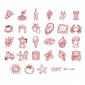 May include: A collection of red line art illustrations depicting Italian cuisine and culture. Images include pizza, pasta, wine, grapes, coffee, lemons, oysters, ravioli, crab, a scooter, and the words "Ciao dolce vita".