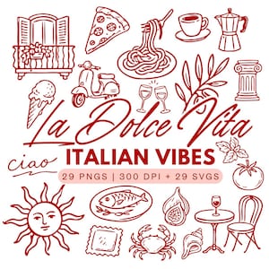 May include: A collection of red line art illustrations with an Italian theme. Includes pizza, pasta, coffee, a scooter, wine glasses, and the text "La Dolce Vita" and "Italian Vibes". Also features a sun, tomato, and other Italian food items.