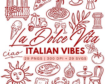 La Dolce Vita Clipart Bundle – Italian Holiday Doodles | 29 PNGs & 29 SVGs