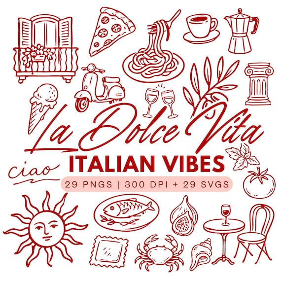 La Dolce Vita Clipart Bundle – Italian Holiday Doodles | 29 PNGs & 29 SVGs