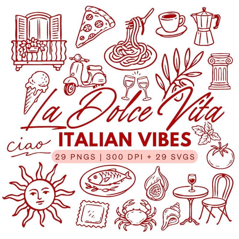 May include: A collection of red line art illustrations with an Italian theme. Includes pizza, pasta, coffee, a scooter, wine glasses, and the text "La Dolce Vita" and "Italian Vibes". Also features a sun, tomato, and other Italian food items.