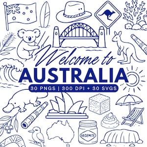 Welcome to Australia Clipart Bundle – Doodle 30 PNGs & 30 SVGs – Line Art