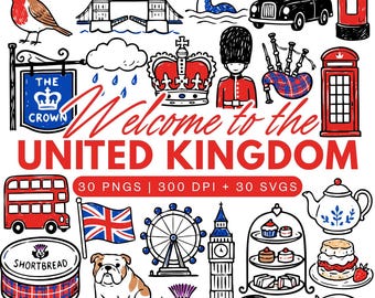 Welcome to the United Kingdom Clipart Bundle – Doodle 30 PNGs & 30 SVGs - Line Art Graphics