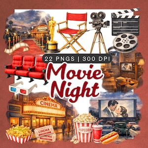 May include: A watercolour illustration with a movie night theme. It features a red carpet, an Oscar statue, a director's chair, a vintage film camera, a clapperboard, and a cinema marquee. The words "Movie Night" are prominently displayed.