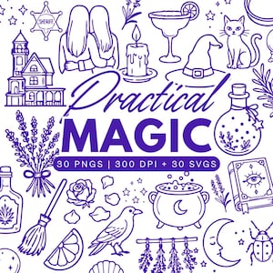 May include: A collection of purple line art illustrations featuring the text Practical Magic, 30 PNGs, 300 DPI + 30 SVGs. The graphics include a house, two people, a candle, a witch hat, a cat, a potion bottle, a broom, a rose, a crow, and a cauldron.