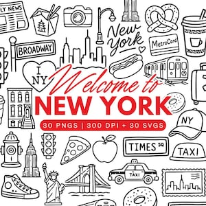 Puede incluir: Una colección de ilustraciones de líneas en blanco y negro con iconos de la ciudad de Nueva York como la Estatua de la Libertad, un taxi, pizza y rascacielos. El texto dice Welcome to NEW YORK, 30 PNGS | 300 DPI + 30 SVGS, y I NY.