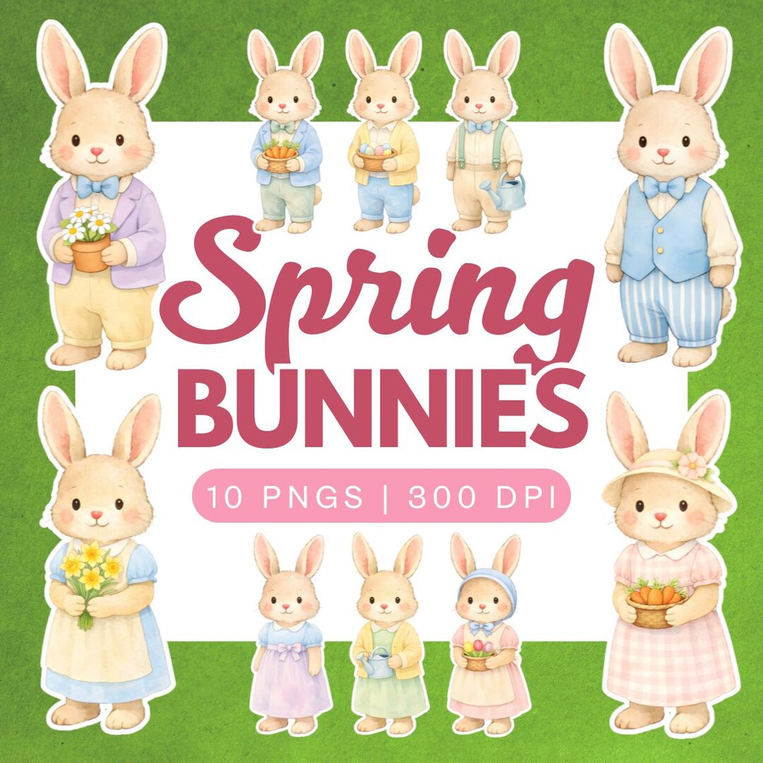 Spring Bunnies PNG Bundle | 10 Watercolor Cliparts | 300 DPI | Pastel ...