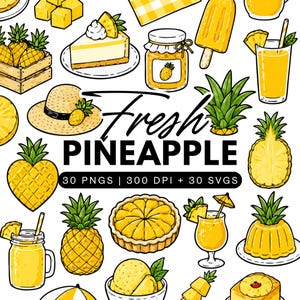 Puede incluir: Una colección de ilustraciones con temática de piña que incluye una porción de tarta de queso, un tarro de mermelada, un sombrero de paja, un polo, una bebida, una piña en forma de corazón, una tarta y un molde con el texto Fresh PINEAPPLE 30 PNGS 300 DPI 30 SVGS.