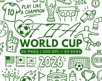 FIFA World Cup 2026 Clipart Bundle – Soccer Doodle 30 PNGs & 30 SVGs - Line Art