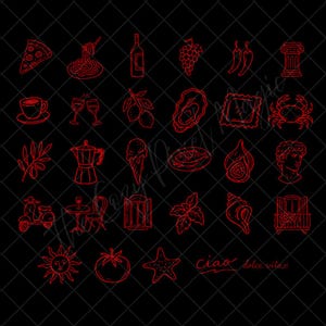 May include: Red line art illustrations of Italian food and culture on a black background. Includes pizza, pasta, wine, grapes, coffee, gelato, and a scooter. Text reads "Ciao dolce vita."