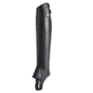 May include: Black leather riding boots with a zipper on the side and a strap at the ankle.