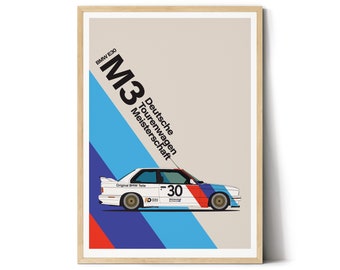 May include: A white BMW E30 M3 race car with blue and red stripes, the number 30 on the side, and the text "Original BMW Teile" and "Deutsche Tourenwagen Meisterschaft".