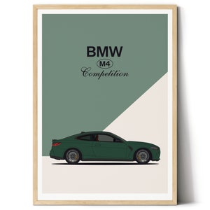 May include: A framed print featuring a green BMW M4 Competition car illustration. The car is depicted in profile against a backdrop of green and off-white geometric shapes. The BMW logo and model name are displayed at the top.
