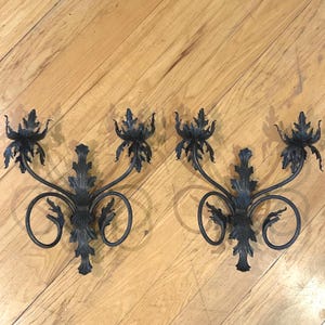 Pair of Vintage Metal Gothic Candelabras. Metallic Dark Gray/brown 2 Arm wall Sconce Candle Holders. Goth decor.