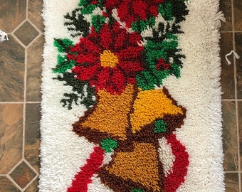 Vintage Handmade Hooked Rug With Christmas Bells and Christmas
