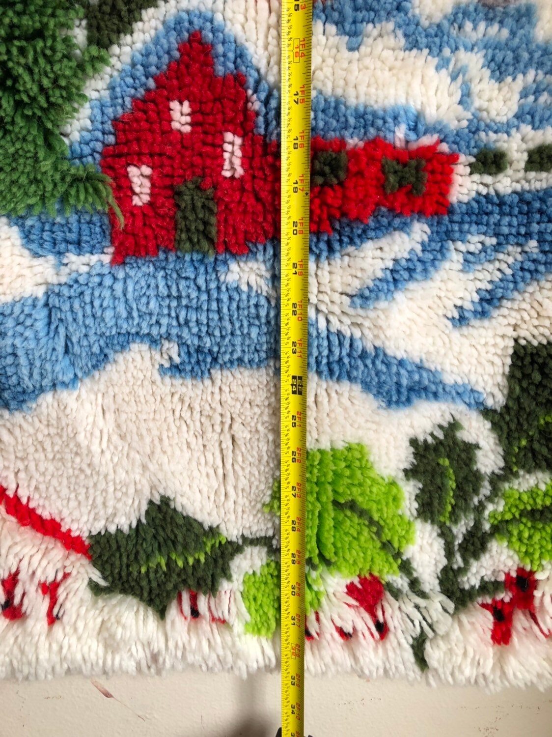 Vintage Handmade Hooked Rug With Christmas Bells and Christmas