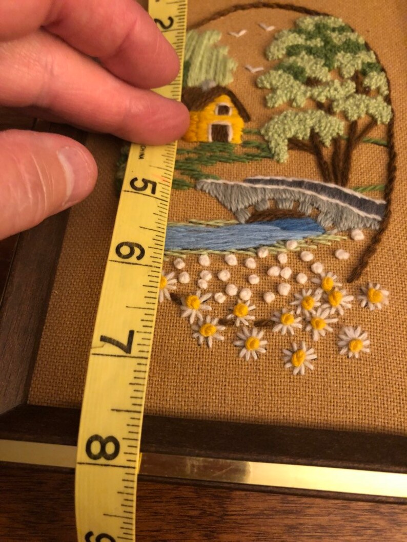 Vintage 1979 Sunset Designs wallhanging crewel work Brookside Vignette