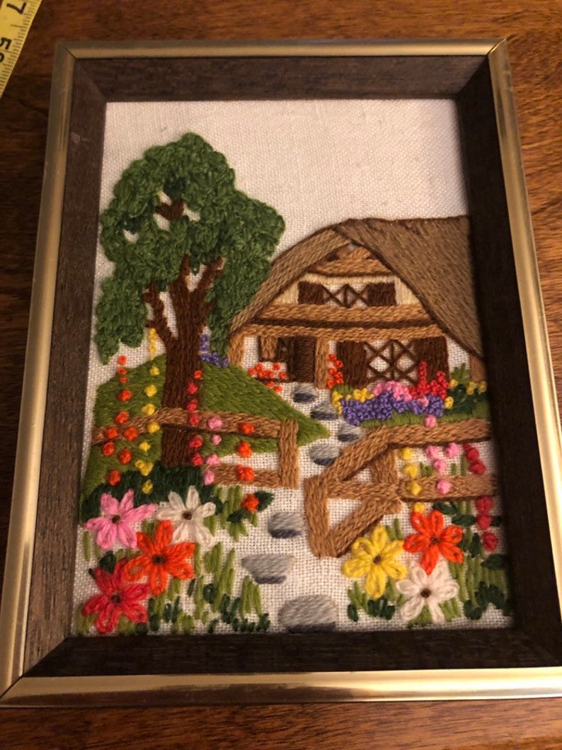 1979 Sunset Designs crewel work of English Cottage wallhanging